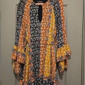 Shyanne Orange Black Yellow Paisley Floral Long-Sleeve Dress